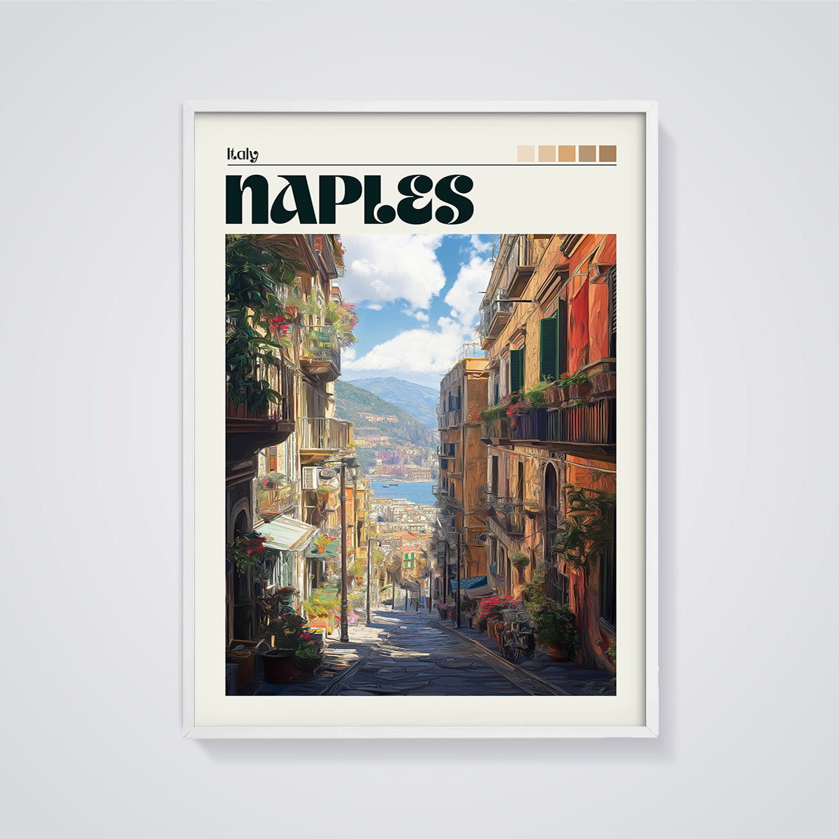 Naples Italy Street View Print framed in white on a grey background