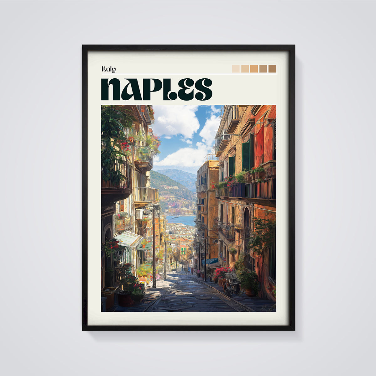 Naples Italy Street View Print framed in black on a grey background