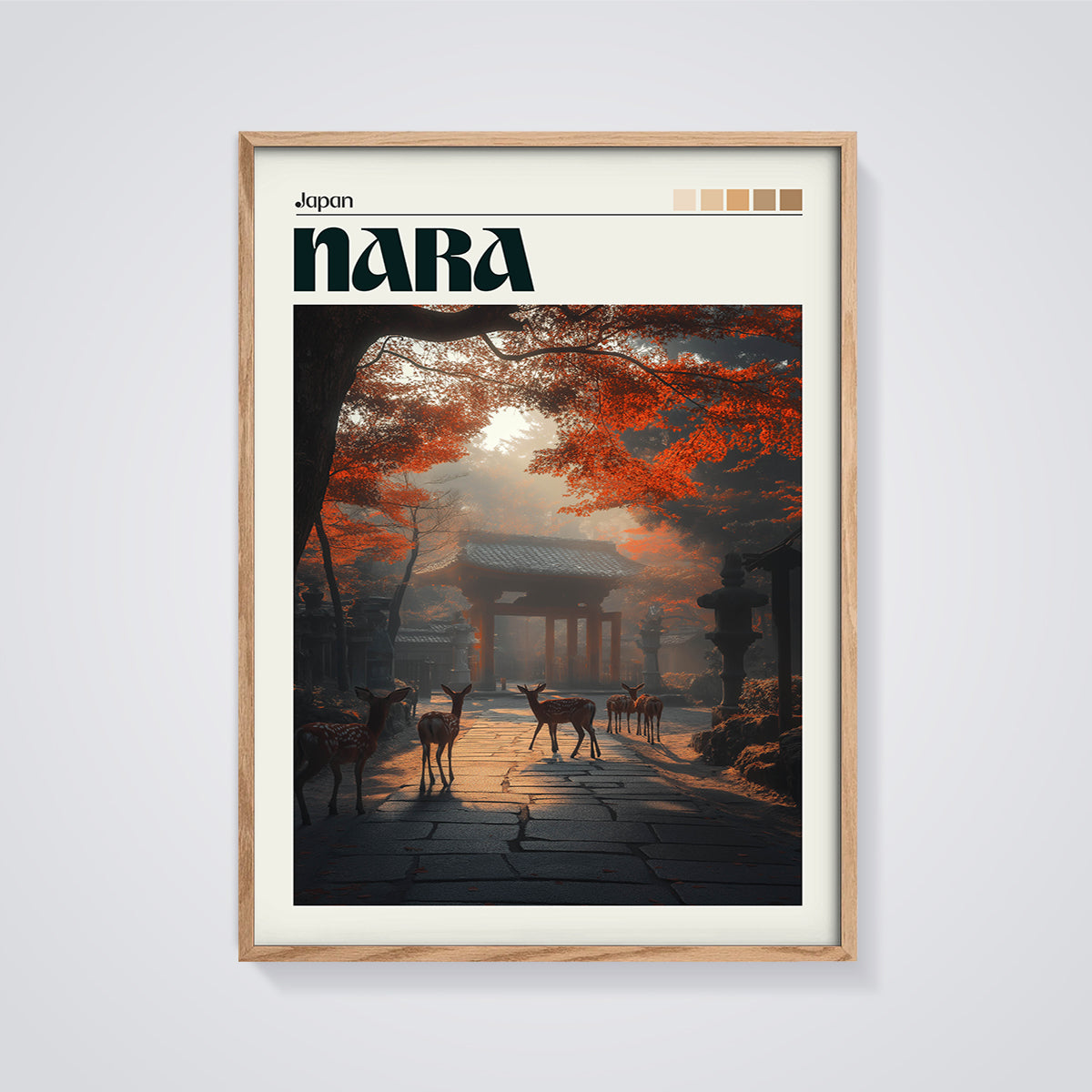 Nara Autumn Deer Gate Print framed in oak on a grey background