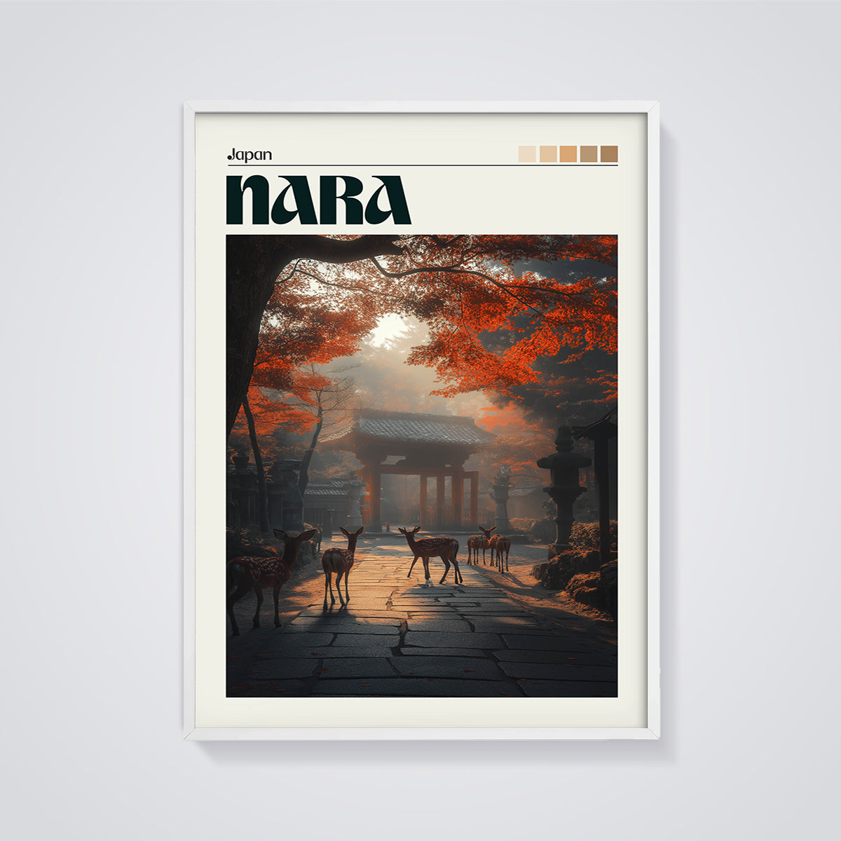 Nara Autumn Deer Gate Print framed in white on a grey background