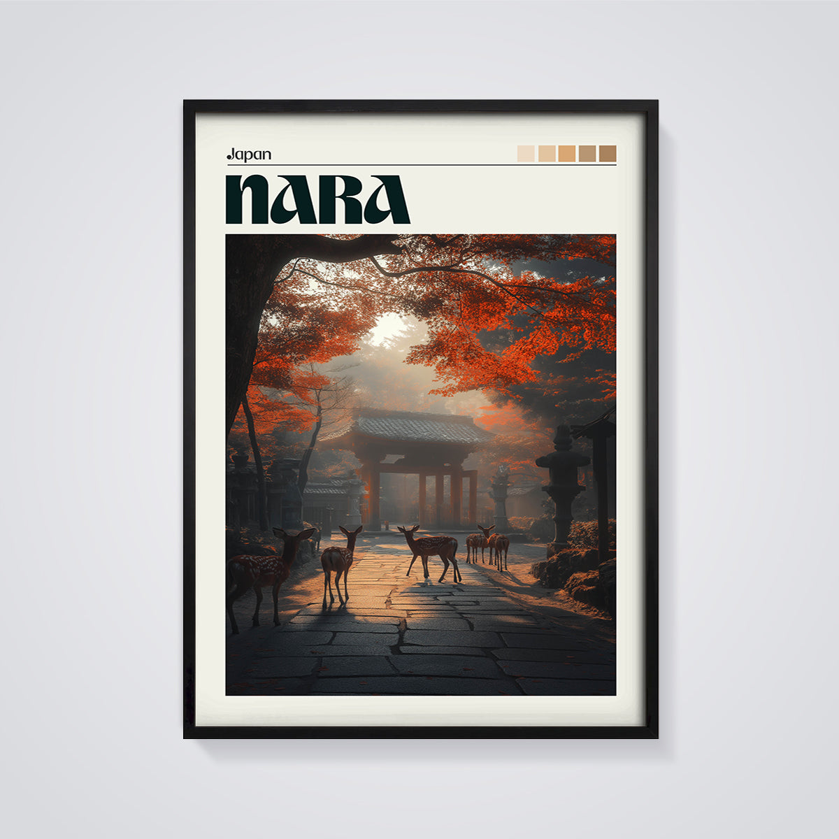 Nara Autumn Deer Gate Print framed in black on a grey background