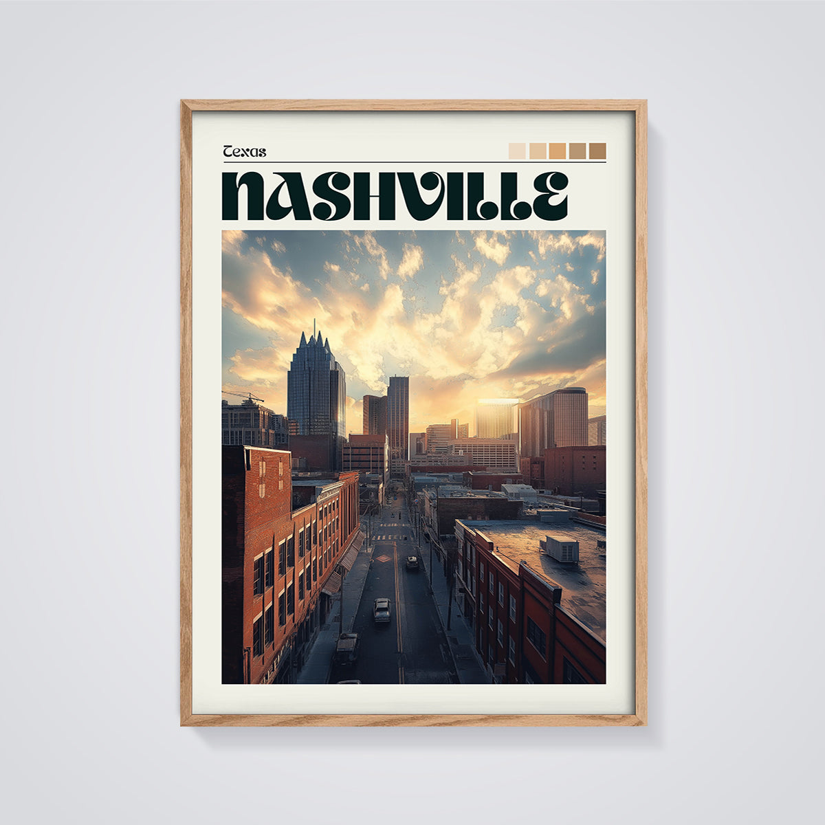 Nashville Skyline Texas Series Print framed in oak on a grey background