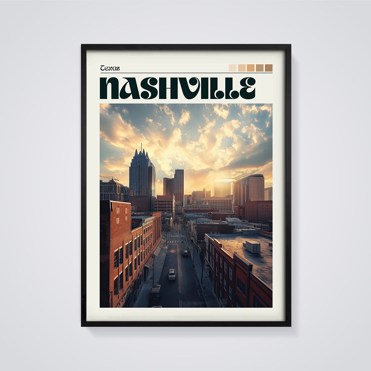 Nashville Skyline Texas Series Print framed in black on a grey background