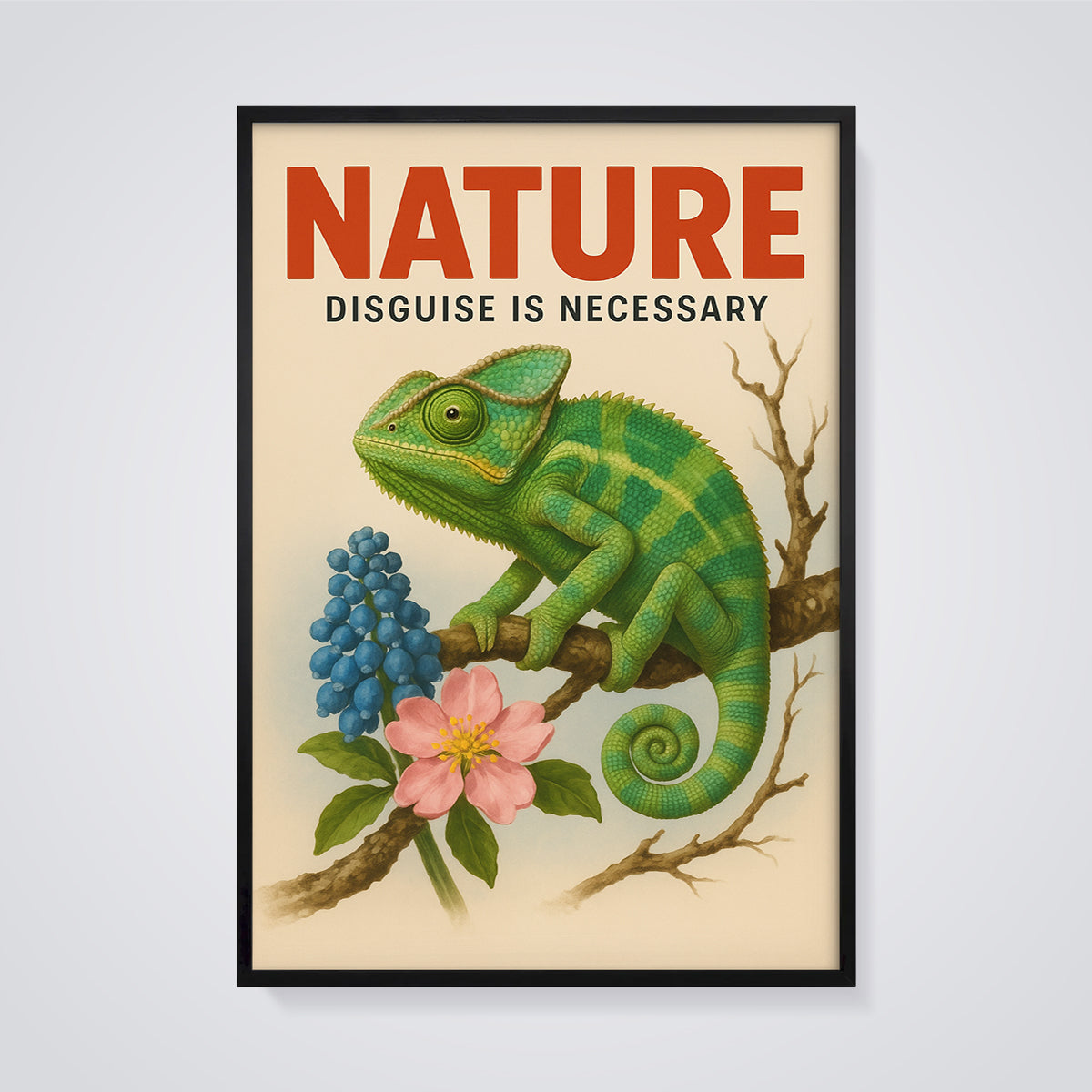 Nature Disguise Chameleon Print framed in black on a grey background