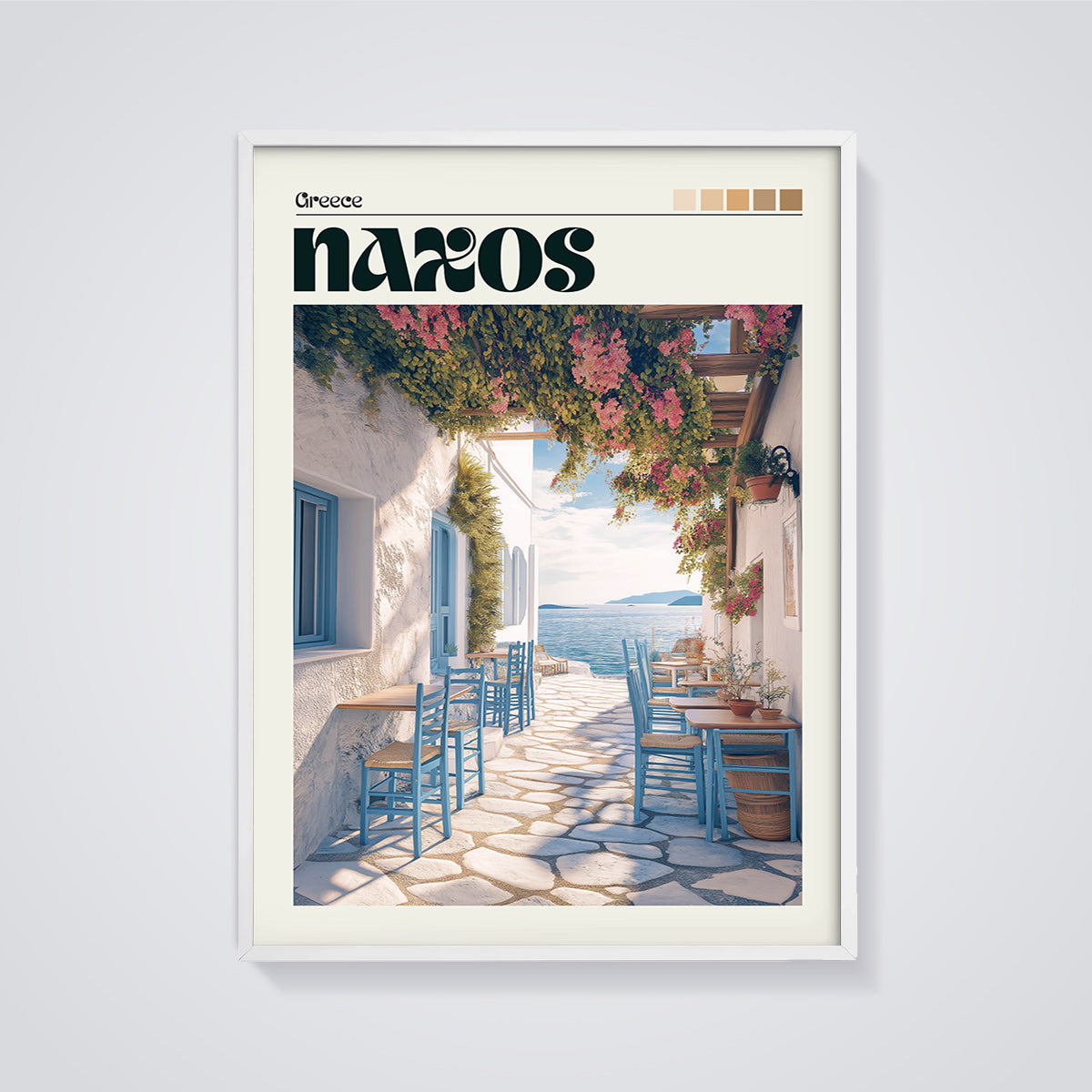 Naxos Greek Alleyway Cafe Print framed in white on a grey background