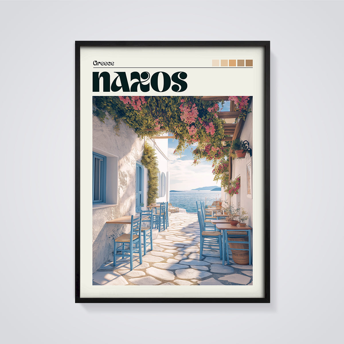 Naxos Greek Alleyway Cafe Print framed in black on a grey background