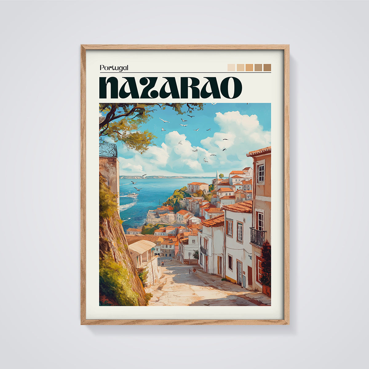 Nazarão Coastal Village Print framed in oak on a grey background