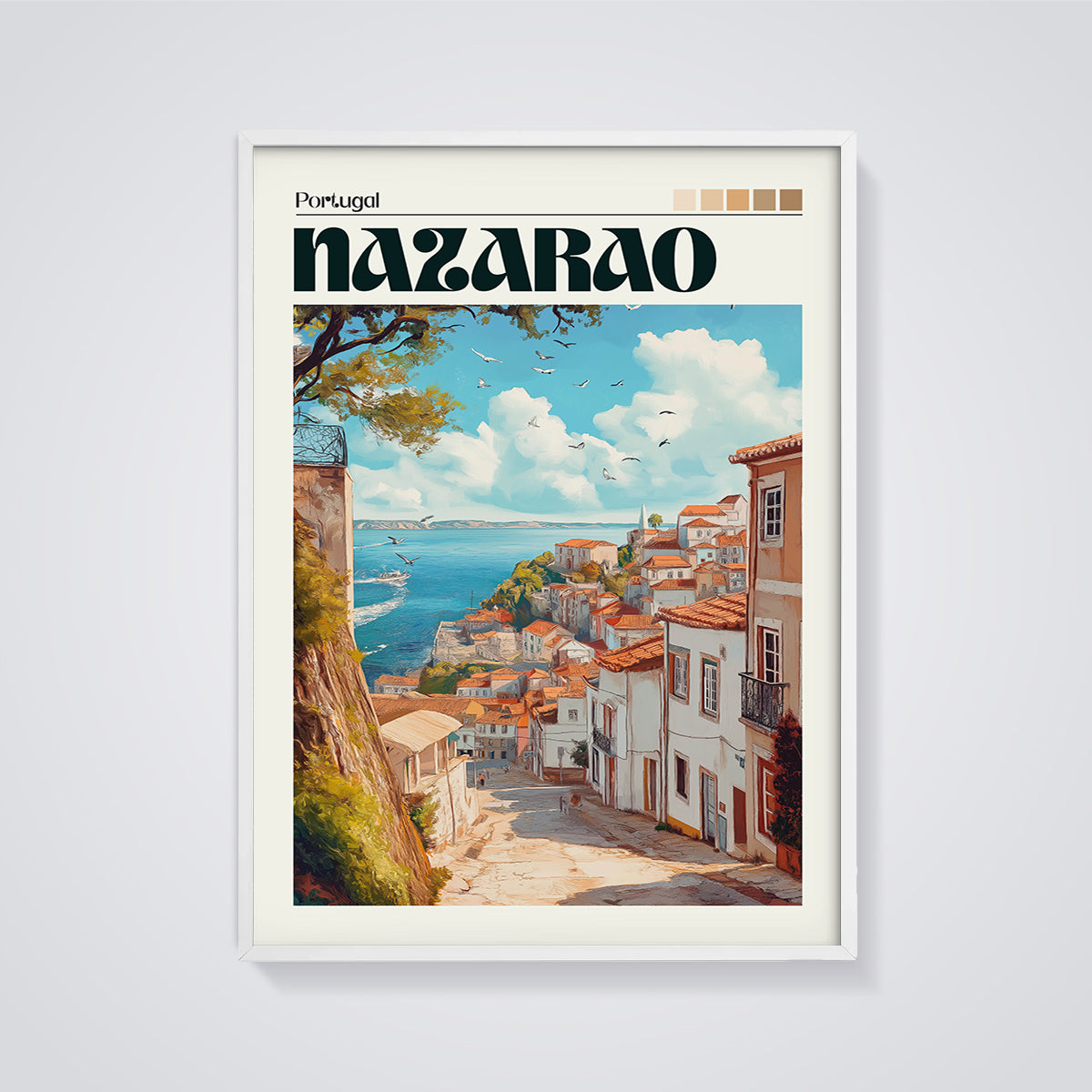 Nazarão Coastal Village Print framed in white on a grey background
