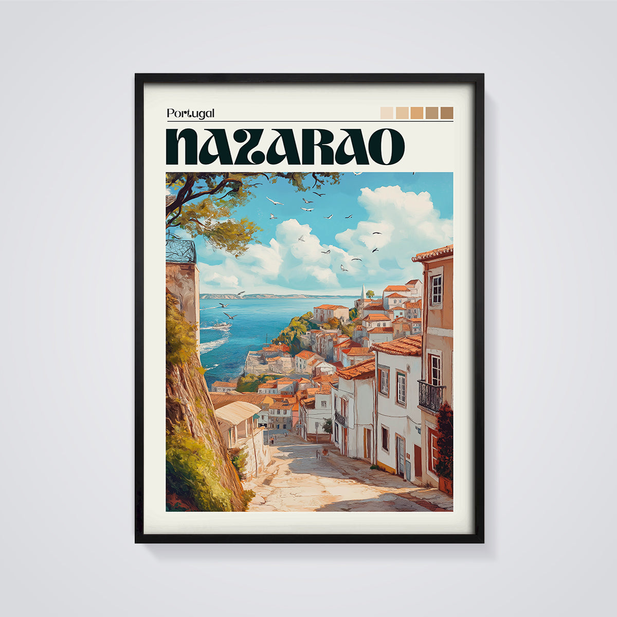 Nazarão Coastal Village Print framed in black on a grey background
