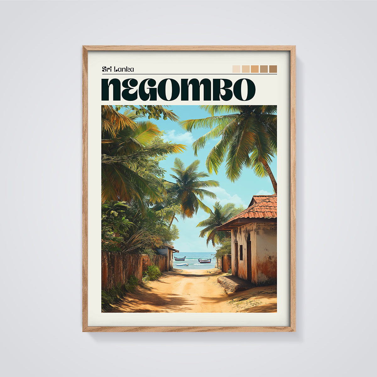 Negombo Sri Lanka Beach Path Print framed in oak on a grey background