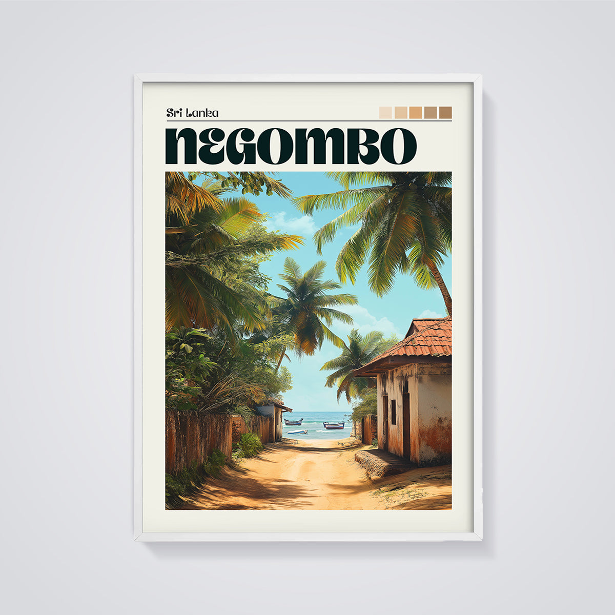 Negombo Sri Lanka Beach Path Print framed in white on a grey background