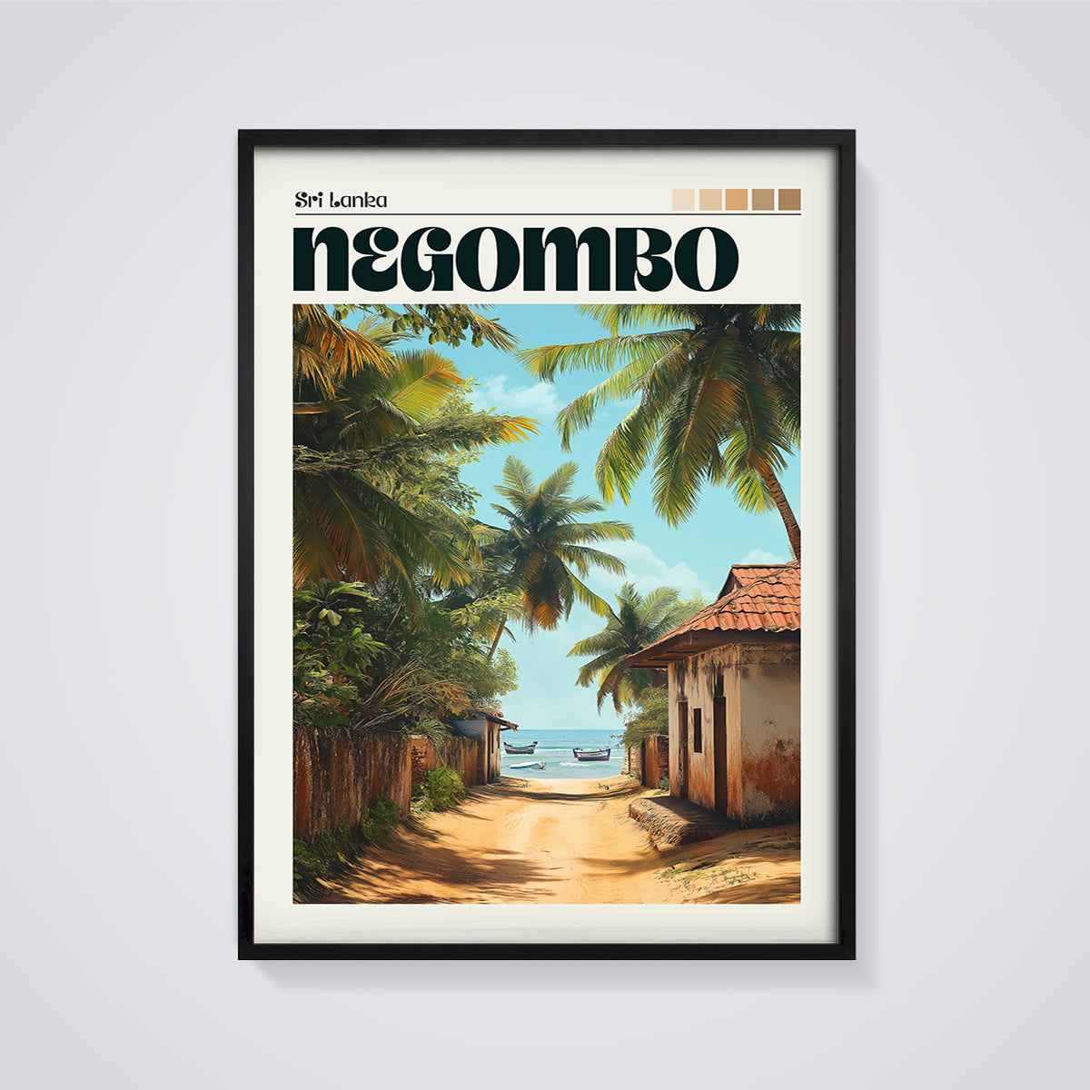 Negombo Sri Lanka Beach Path Print framed in black on a grey background