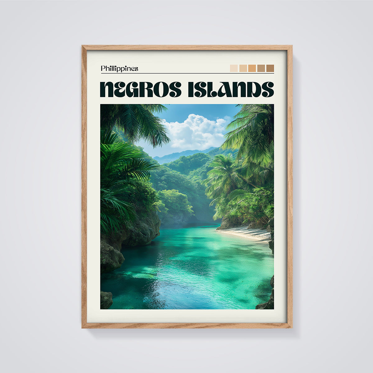 Negros Islands Tropical Cove Print framed in oak on a grey background