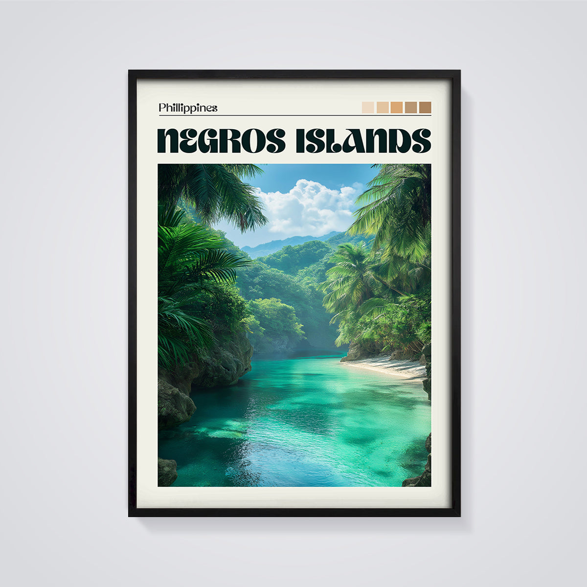 Negros Islands Tropical Cove Print framed in black on a grey background