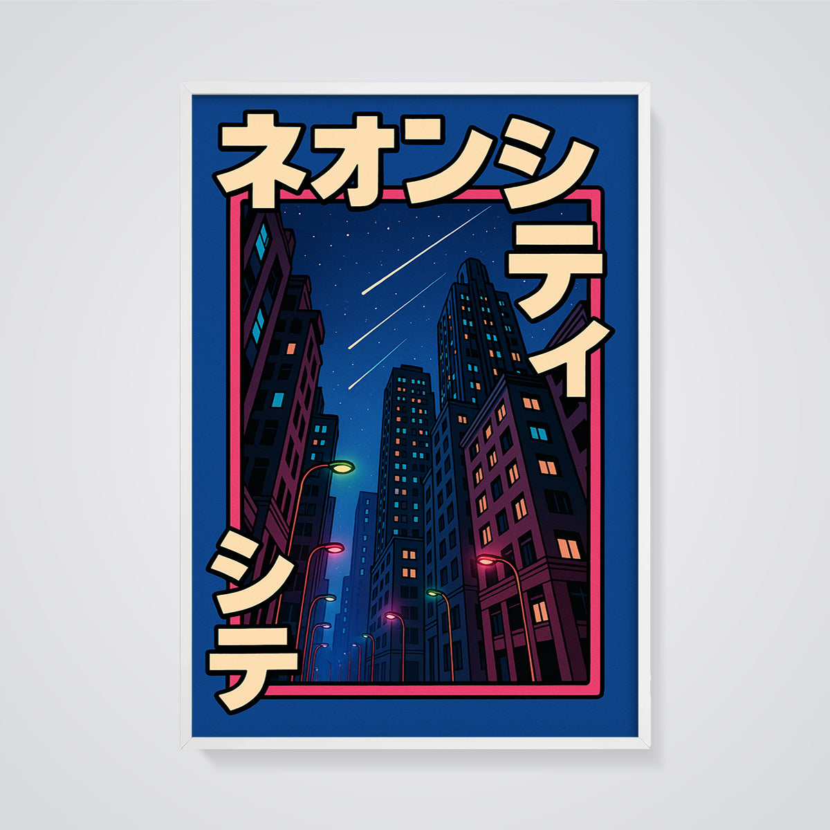 Neon City Night Print framed in white on a grey background