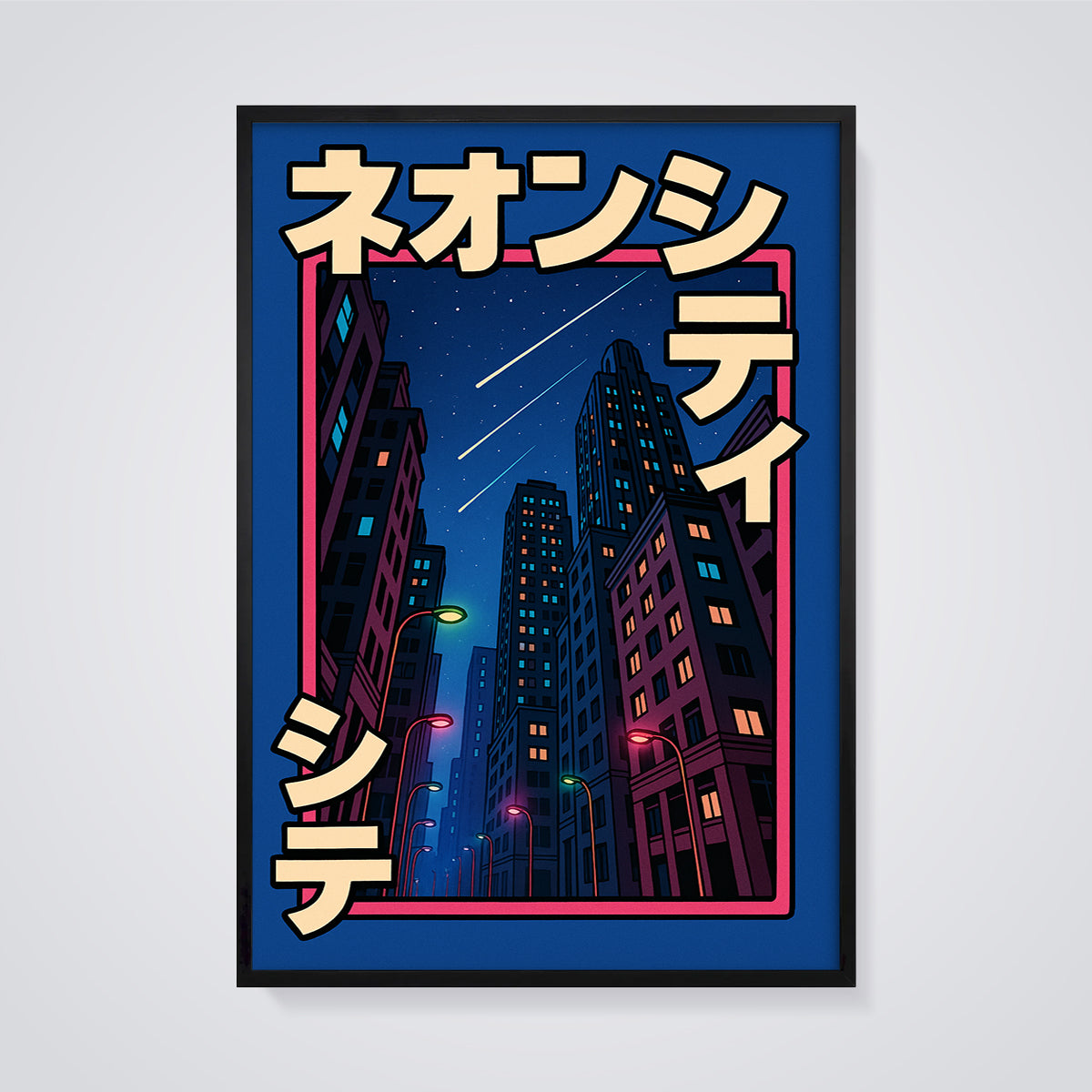 Neon City Night Print framed in black on a grey background