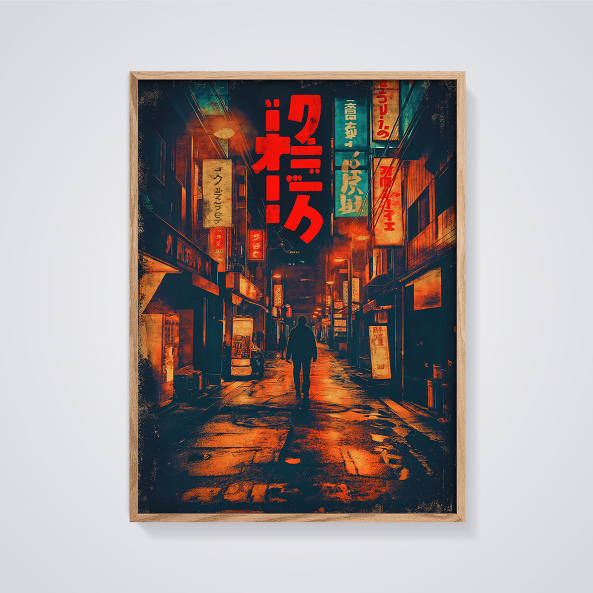 Neon Tokyo Street Print framed in oak on a grey background
