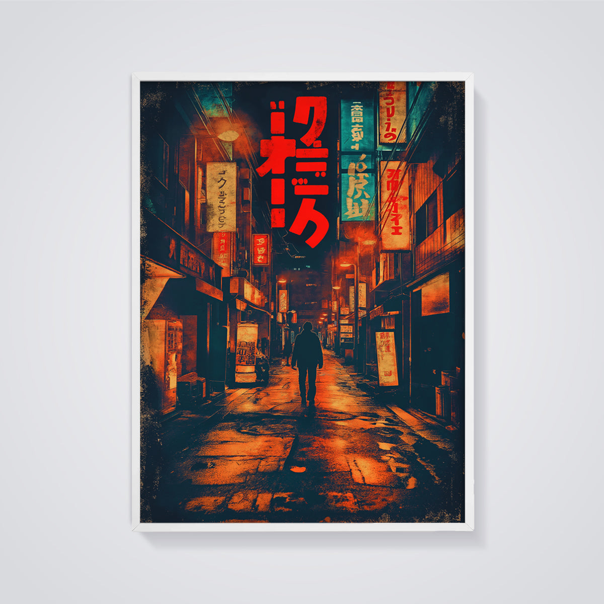 Neon Tokyo Street Print framed in white on a grey background