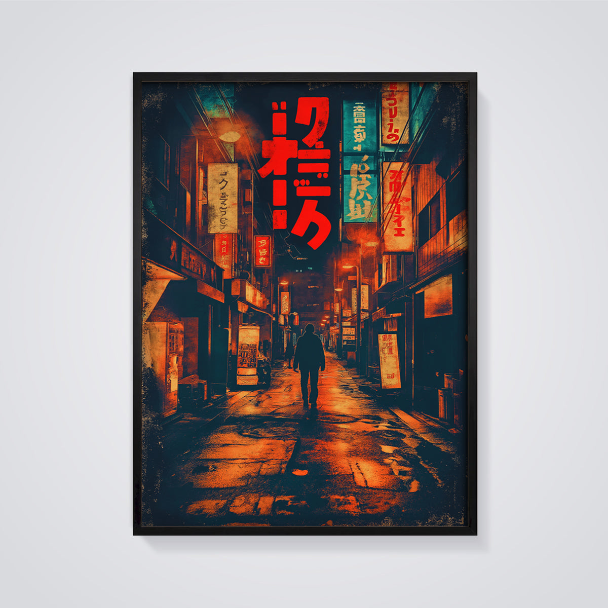 Neon Tokyo Street Print framed in black on a grey background