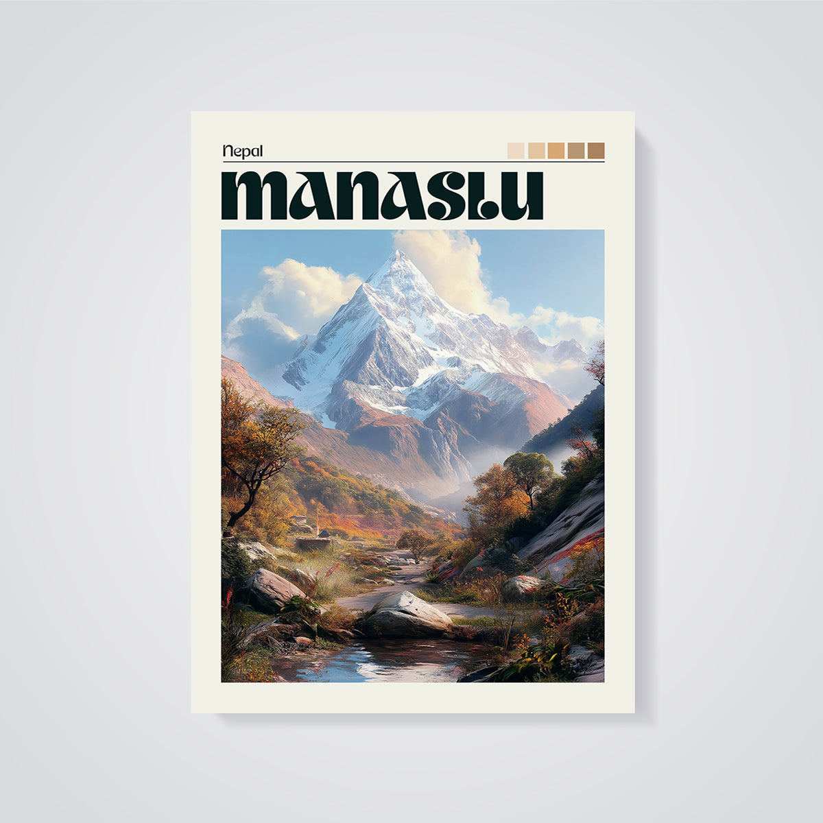 Nepal Manaslu Mountain Print unframed on a grey background