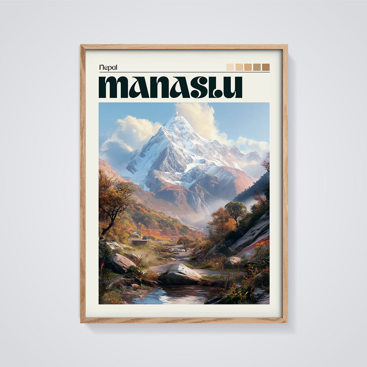 Nepal Manaslu Mountain Print framed in oak on a grey background