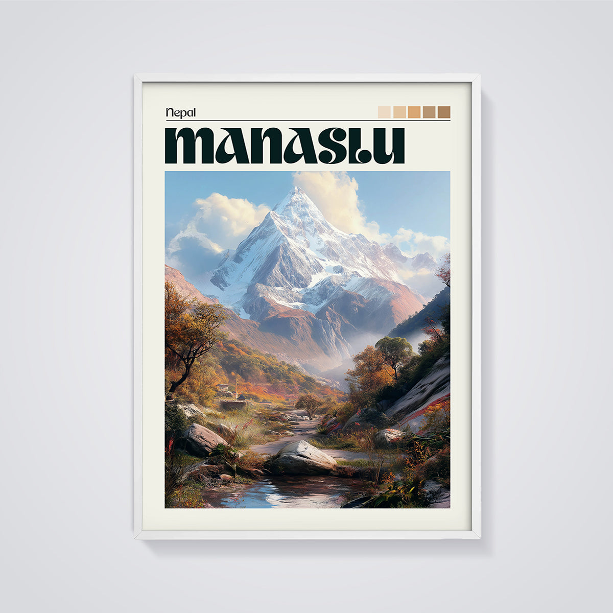 Nepal Manaslu Mountain Print framed in white on a grey background