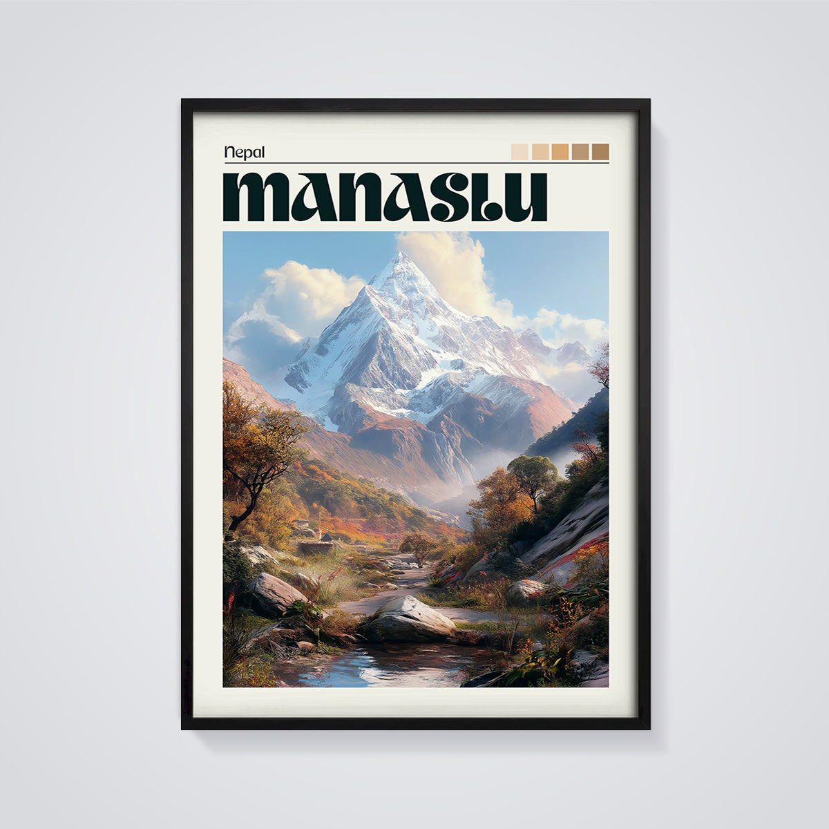 Nepal Manaslu Mountain Print framed in black on a grey background