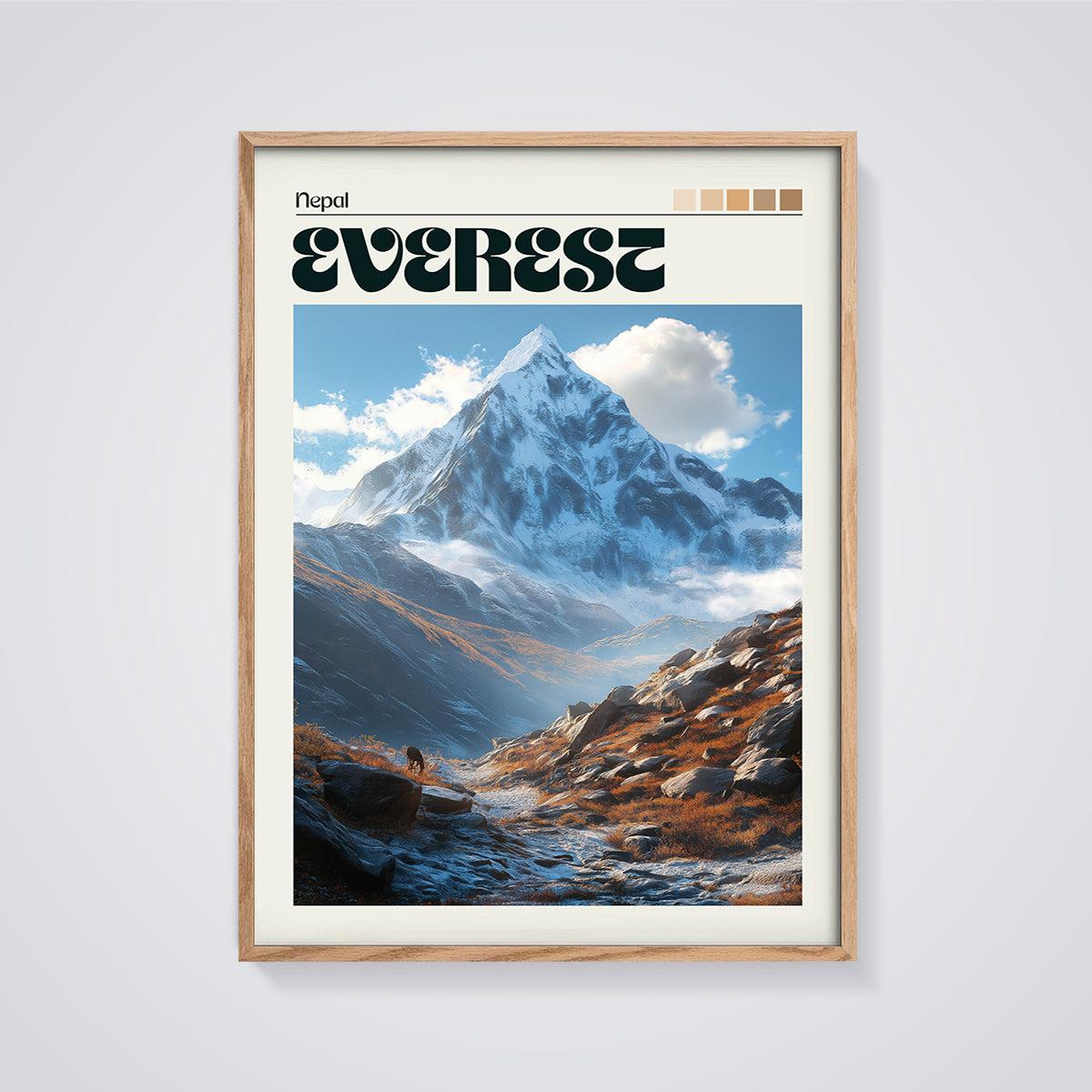 Nepal Mount Everest Peak Print framed in oak on a grey background