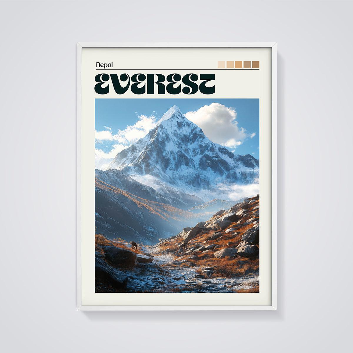 Nepal Mount Everest Peak Print framed in white on a grey background