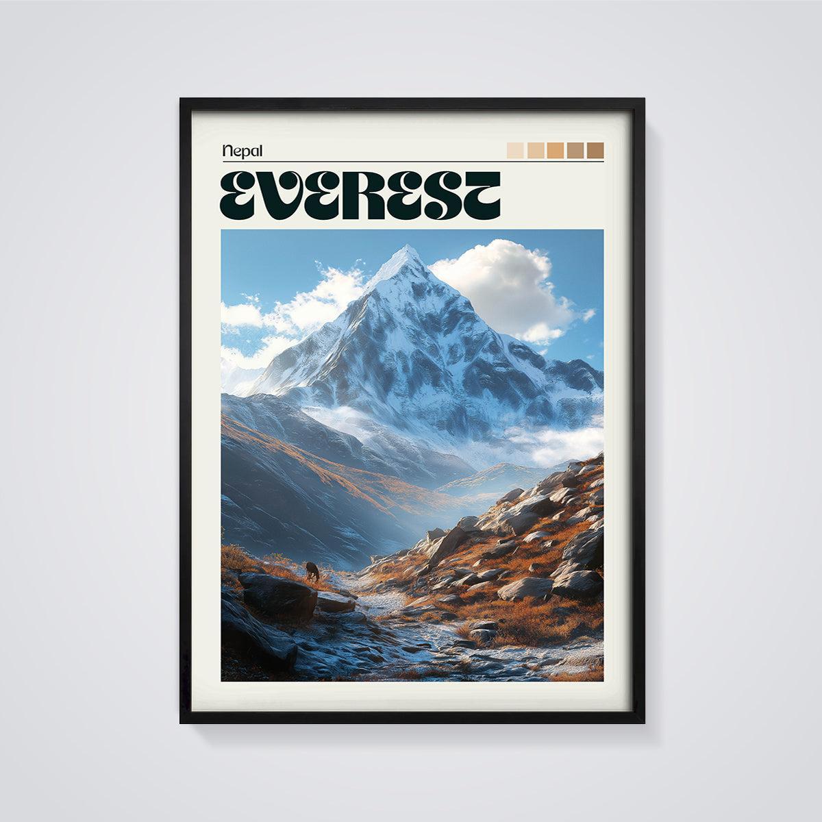 Nepal Mount Everest Peak Print framed in black on a grey background