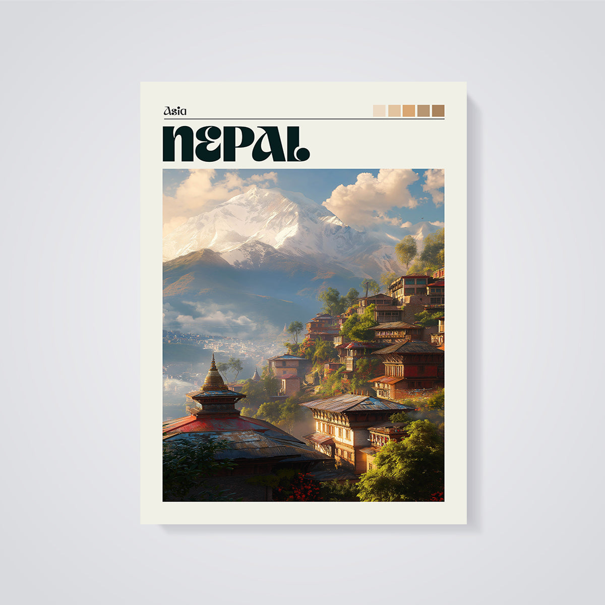Nepal Mountain Village Print unframed on a grey background