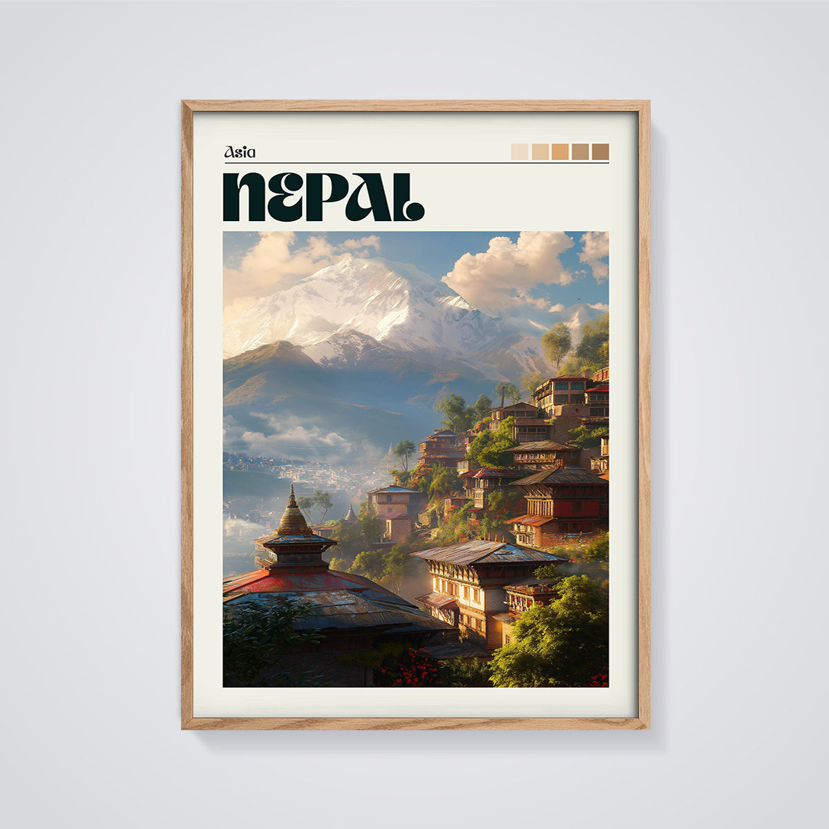 Nepal Mountain Village Print framed in oak on a grey background