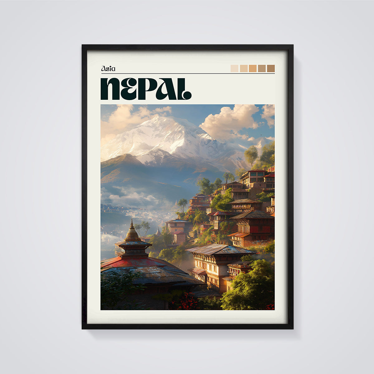 Nepal Mountain Village Print framed in black on a grey background
