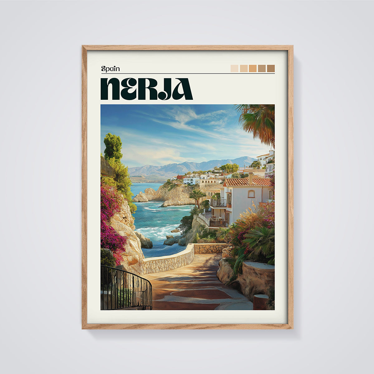 Nerja Coastal Path Print framed in oak on a grey background