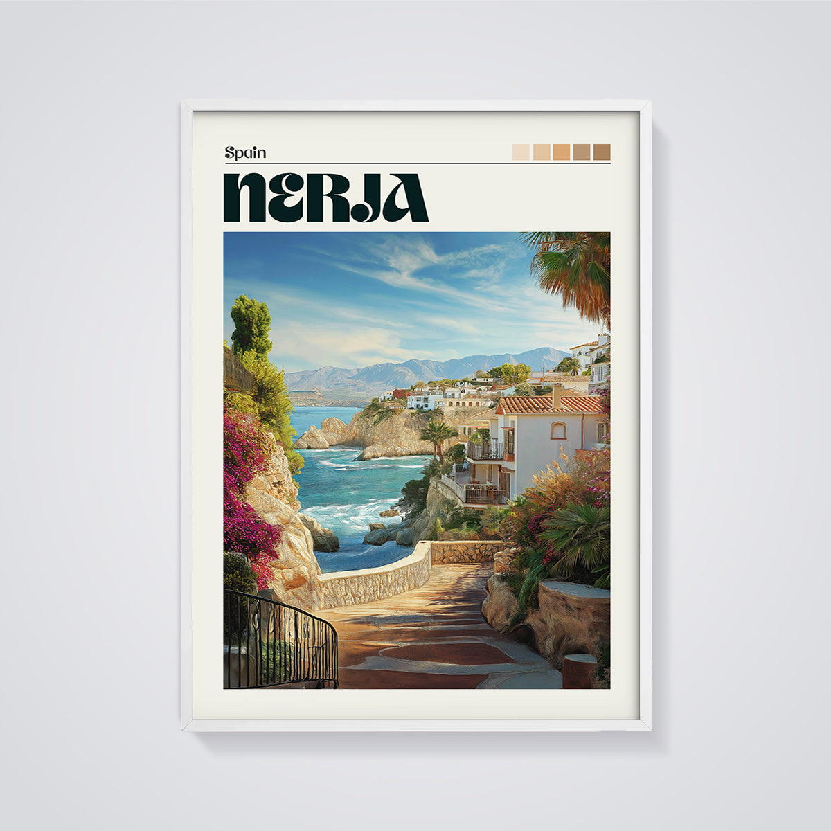 Nerja Coastal Path Print framed in white on a grey background