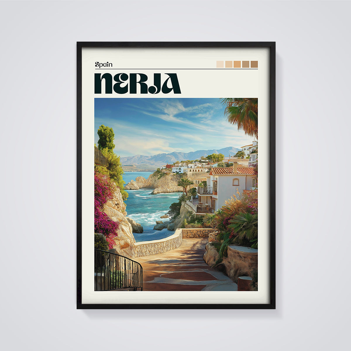 Nerja Coastal Path Print framed in black on a grey background