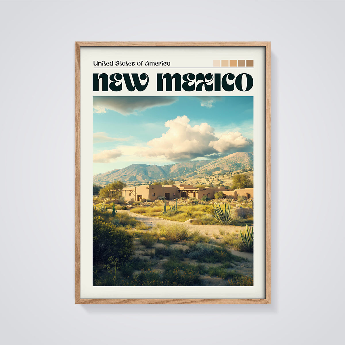 New Mexico Adobe Desert Print framed in oak on a grey background
