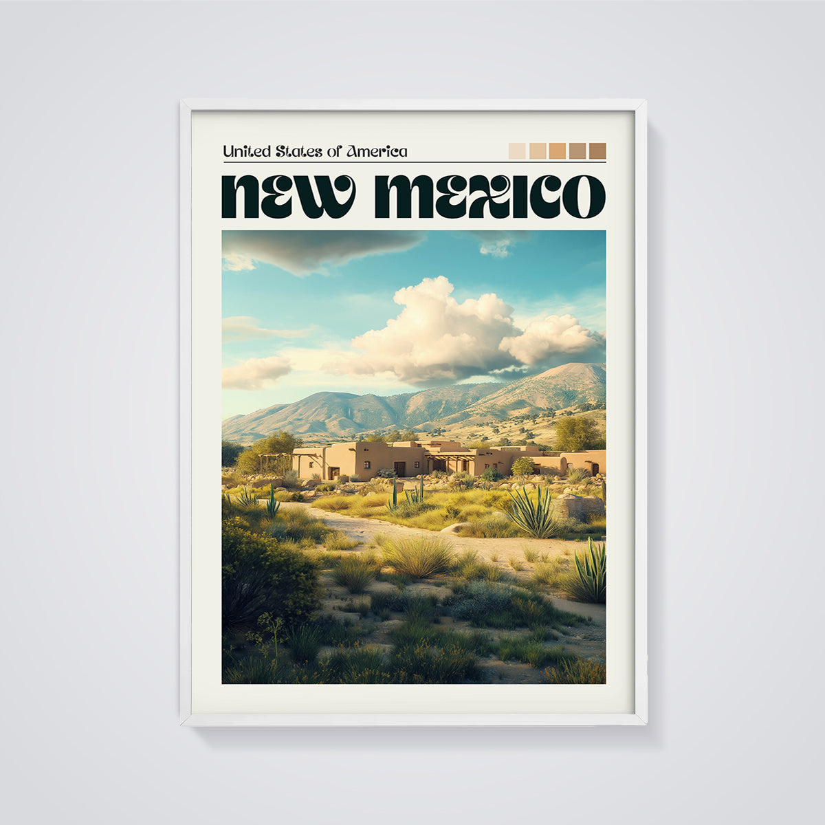New Mexico Adobe Desert Print framed in white on a grey background