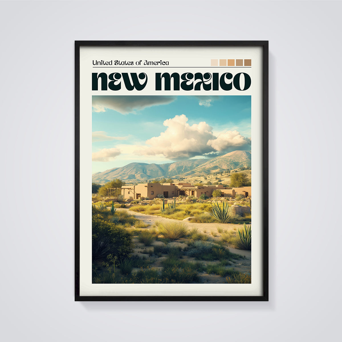 New Mexico Adobe Desert Print framed in black on a grey background