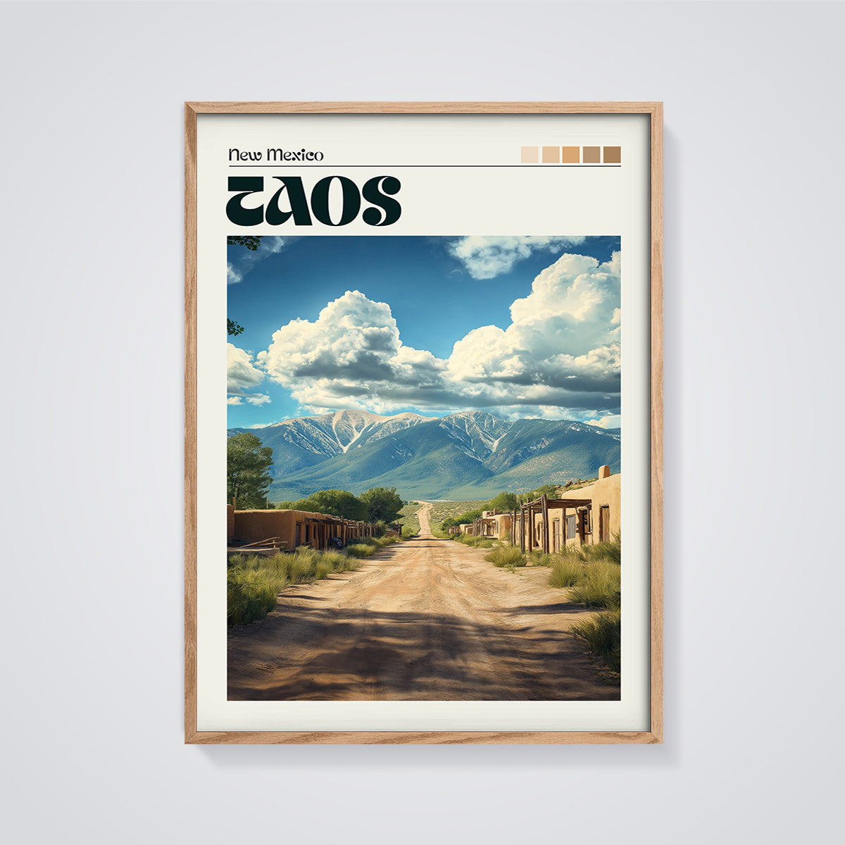 New Mexico Taos Village Road Print framed in oak on a grey background