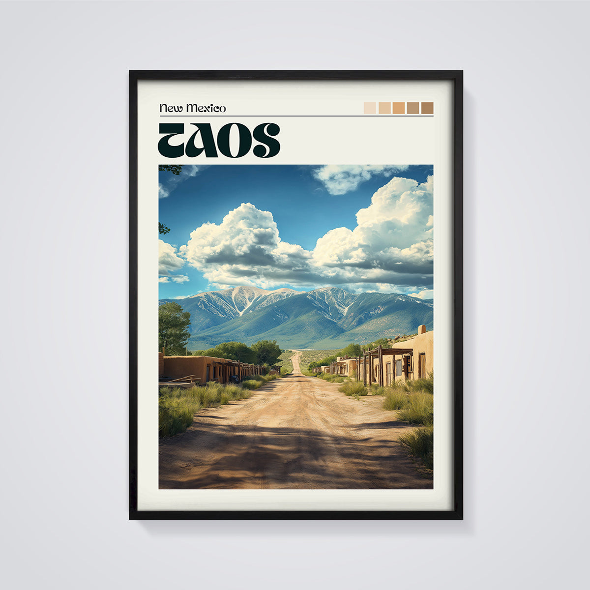 New Mexico Taos Village Road Print framed in black on a grey background