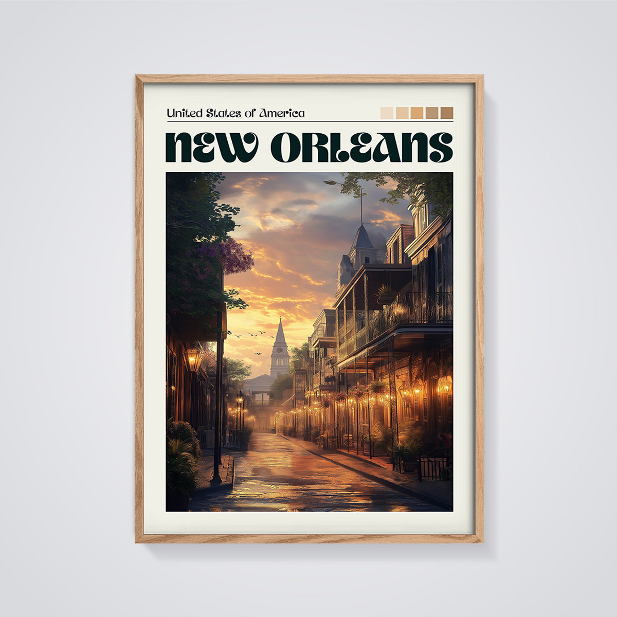 New Orleans French Quarter Sunset Print framed in oak on a grey background