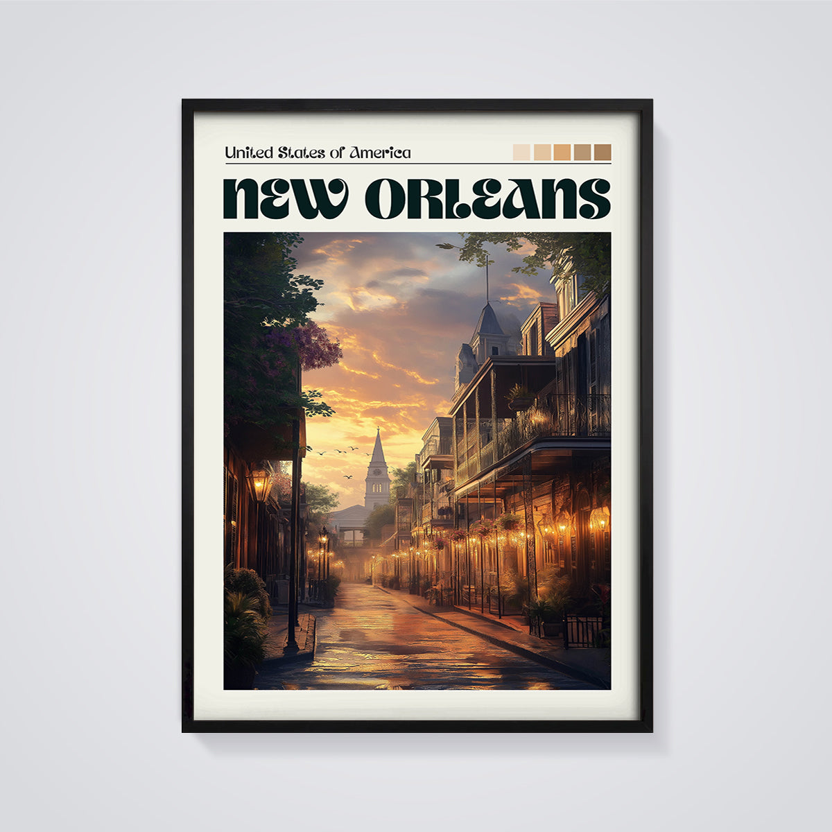 New Orleans French Quarter Sunset Print framed in black on a grey background