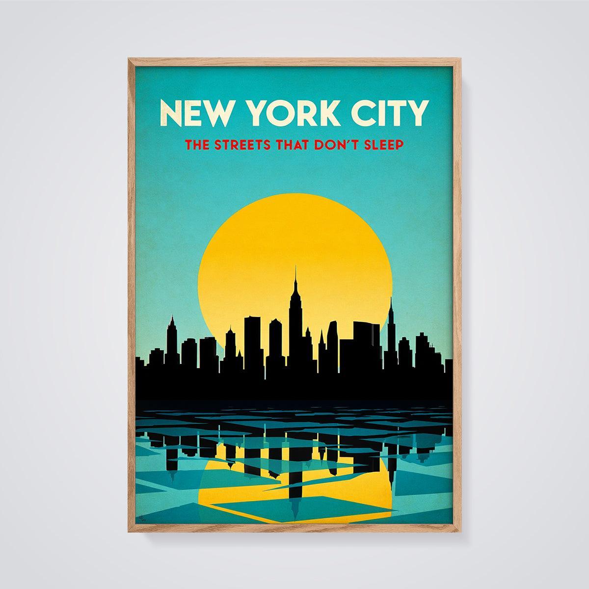 New York City: Streets That Don't Sleep Print framed in oak on a grey background