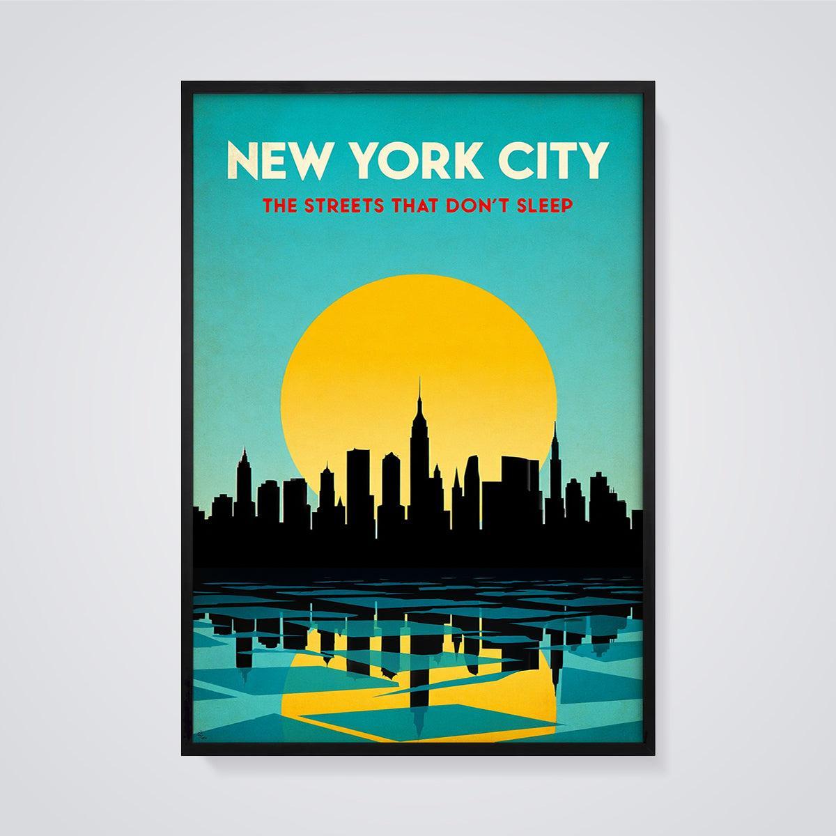 New York City: Streets That Don't Sleep Print framed in black on a grey background