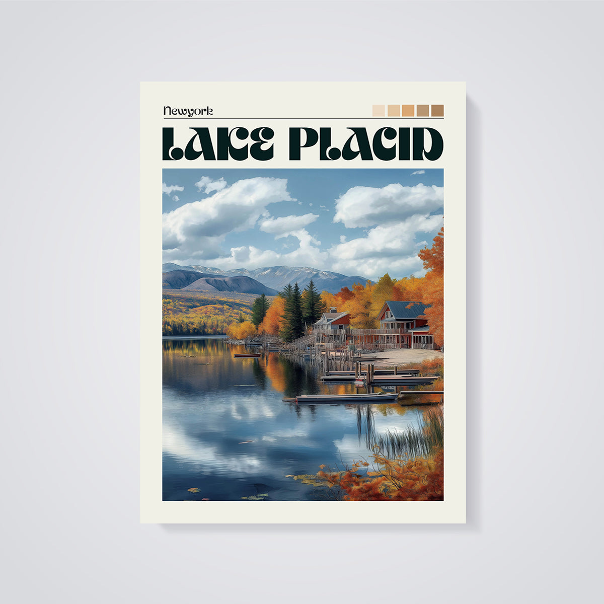 New York Lake Placid Autumn Print unframed on a grey background
