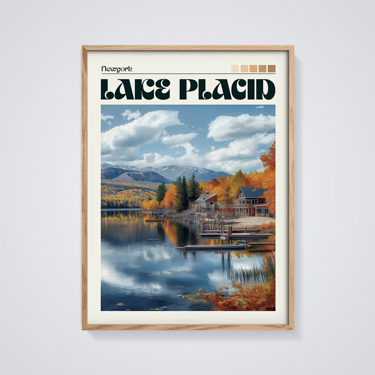 New York Lake Placid Autumn Print framed in oak on a grey background