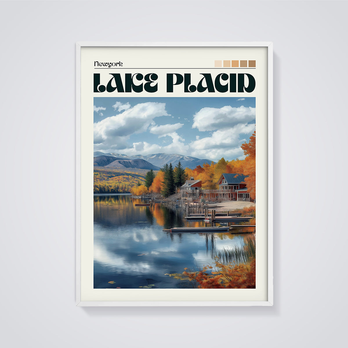 New York Lake Placid Autumn Print framed in white on a grey background