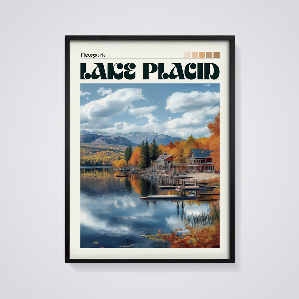 New York Lake Placid Autumn Print framed in black on a grey background