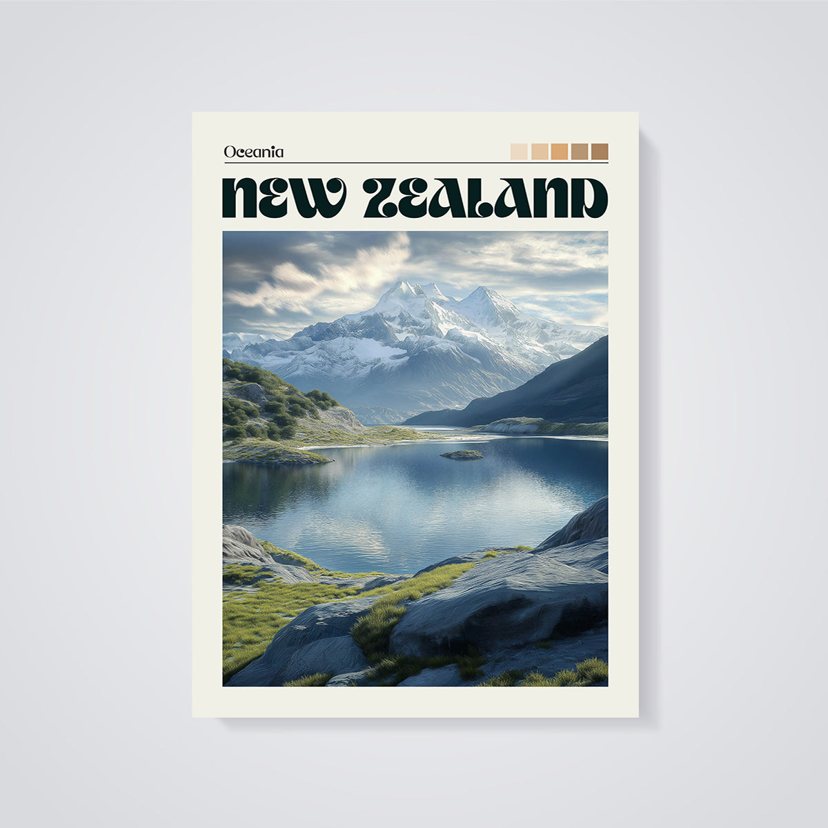 New Zealand Mountain Lake Print unframed on a grey background